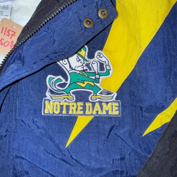 Vtg APEX ONE Notre Dame Fighting Irish Jacket Mens L G Blue Yellow sharktooth - Picture 2 of 5